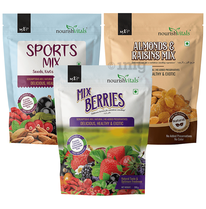 NourishVitals Combo Pack of Sports Mix Seeds, Mix Berries and Almonds & Raisins Mix (200gm Each)