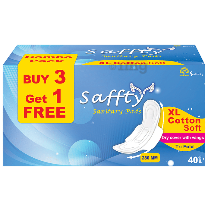 Saffty Sanitary Pads XL Cotton Soft Tri Fold Buy 3 Get 1 Free Pack