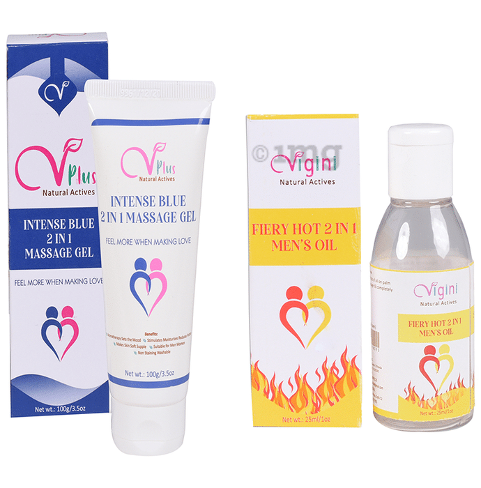 Vigini VPlus Natural Actives Combo Pack of Intense Blue 2 in 1 Massage Gel 100gm & Fiery Hot 2 in 1 Men's Oil 25ml
