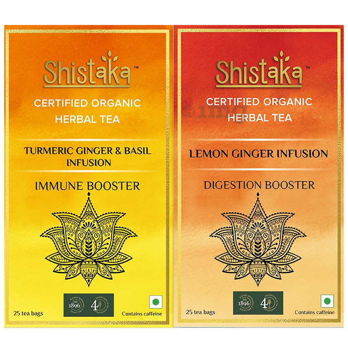 Shistaka Combo Pack of Certified Organic Herbal Tea (1.8gm Each) Turmeric Ginger & Basil Infusion & Lemon Ginger Infusion