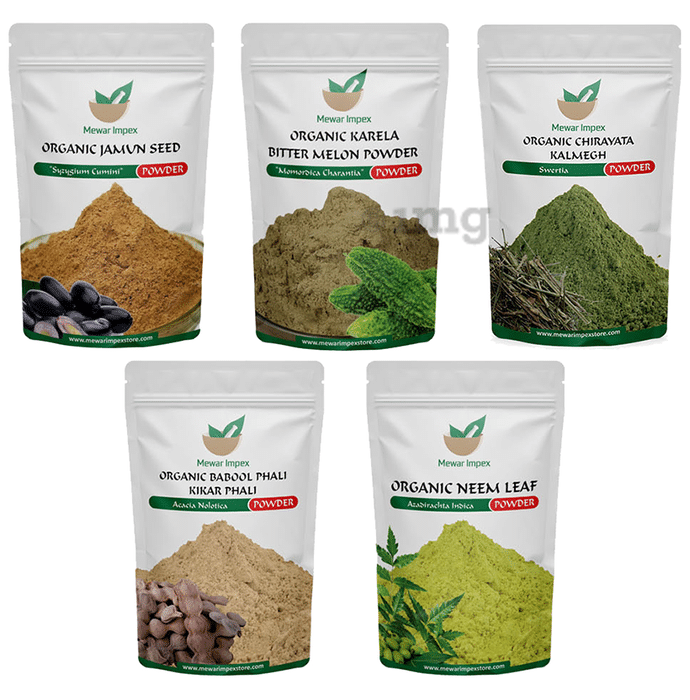 Mewar Impex Combo of 5 Karela, Chirayata Kalmegh, Babool Phali, Neem Leaf & Jamun Seed Powder (100gm Each)