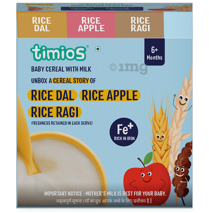 Timios Baby Cereal with Milk 6+ Month (25gm Each) 4 Rice Dal, 4 Rice Apple, 4 Rice Ragi