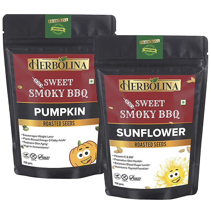 Herbolina Pumpkin & Sunflower Roasted Seeds (150gm Each) Sweet Smoky BBQ
