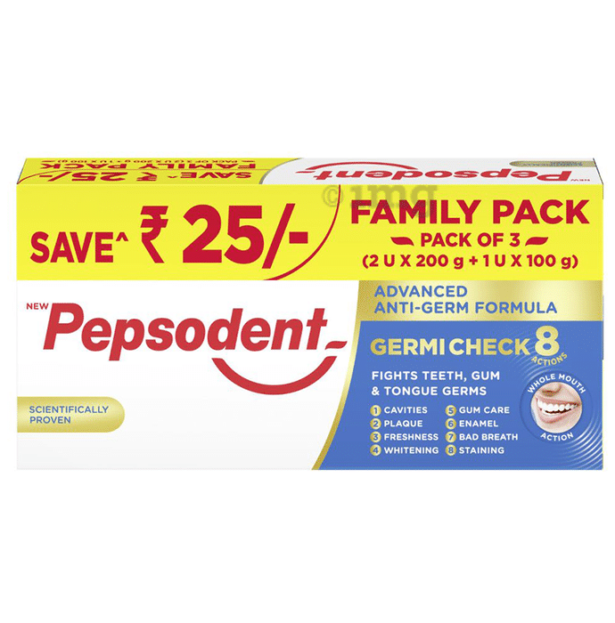 Pepsodent Germi Check 8 Actions Toothpaste Family Pack (2 Tube of 200gm & 1 Tube of 100gm)