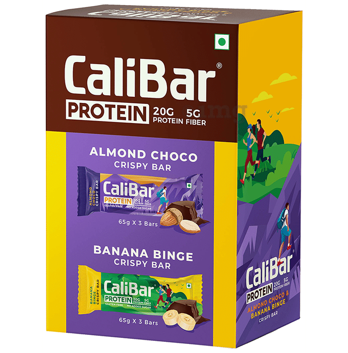 CaliBar Protein Crispy Bar (65gm Each) 3 Almond Choco & 3 Banana Binge