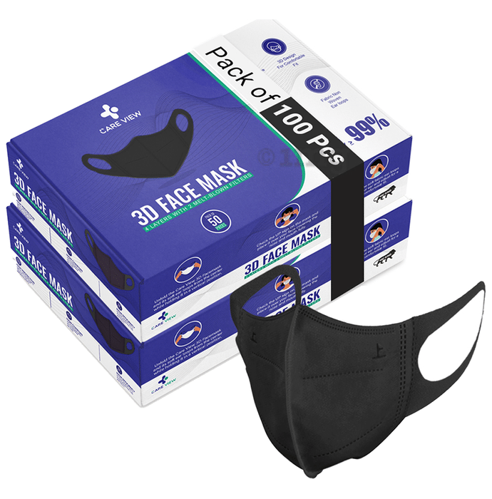 Care View 3 Dimensional Disposable Face Mask with 4 Layered Filtration and Soft Non-Woven Spandex Ear Loops Black
