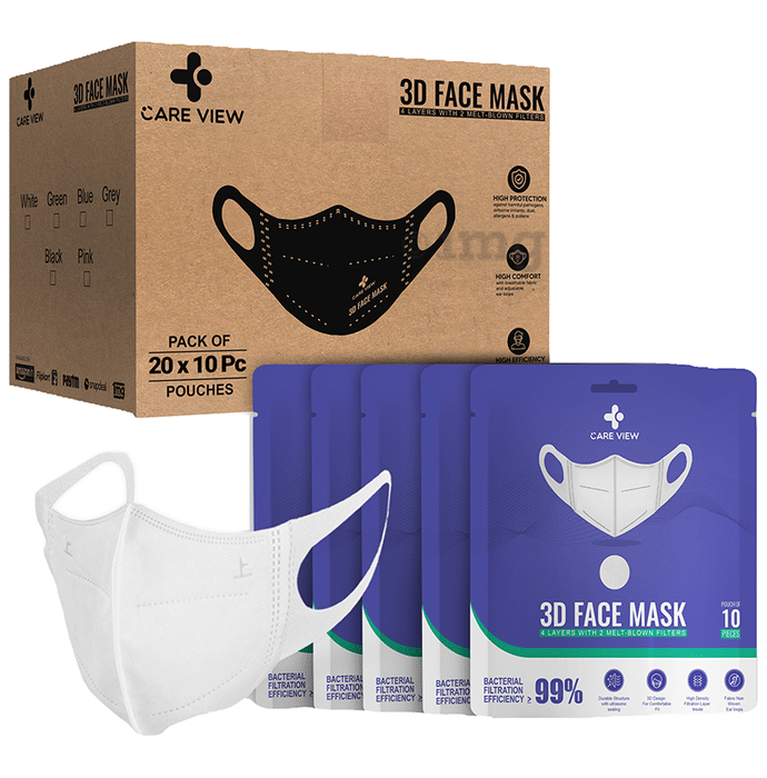 Care View 3 Dimensional Disposable Face Mask with 4 Layered Filtration and Soft Non-Woven Spandex Ear Loops White