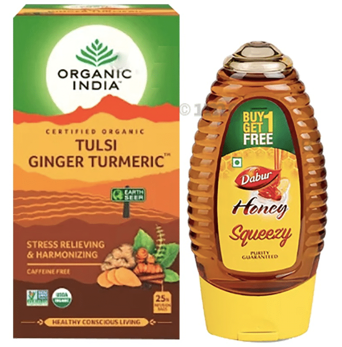 Anti-oxidants Combo of Organic India Tulsi Ginger Turmeric 25 Tea Bag and Dabur Honey Squeezy 225gm (Buy 1 Get 1 Free)