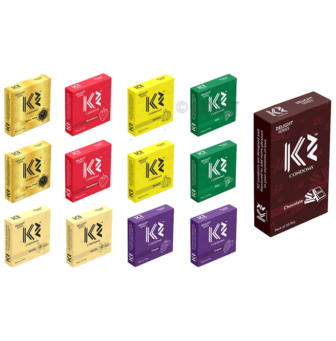 K2 Delight Series Condom Chocolate(10pc) Extra Time,Strawberry,Banana,Mint,Vanilla,Grape(3pc Each)
