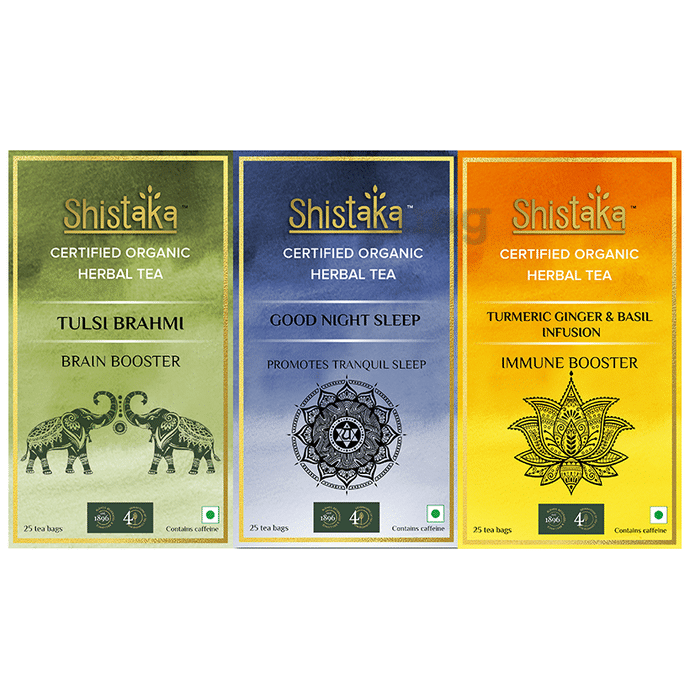 Shistaka Combo Pack of Certified Organic Herbal Tea (1.8gm Each) Tulsi Brahmi,Good Night Sleep & Turmeric Ginger & Basil Infusion