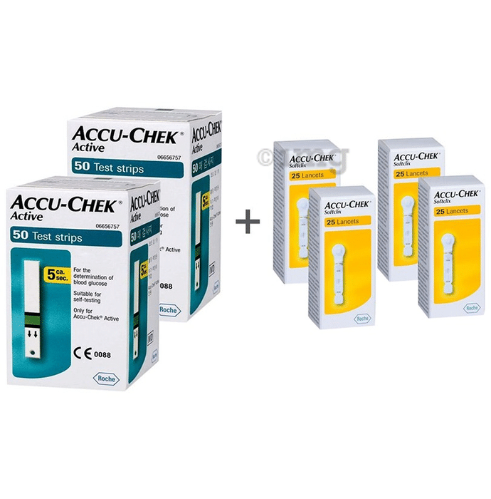 Accu-Chek Combo Pack of 2 Pack Active Test Strip (50 Each) & 4 Pack Softclix Lancet (25 Each)
