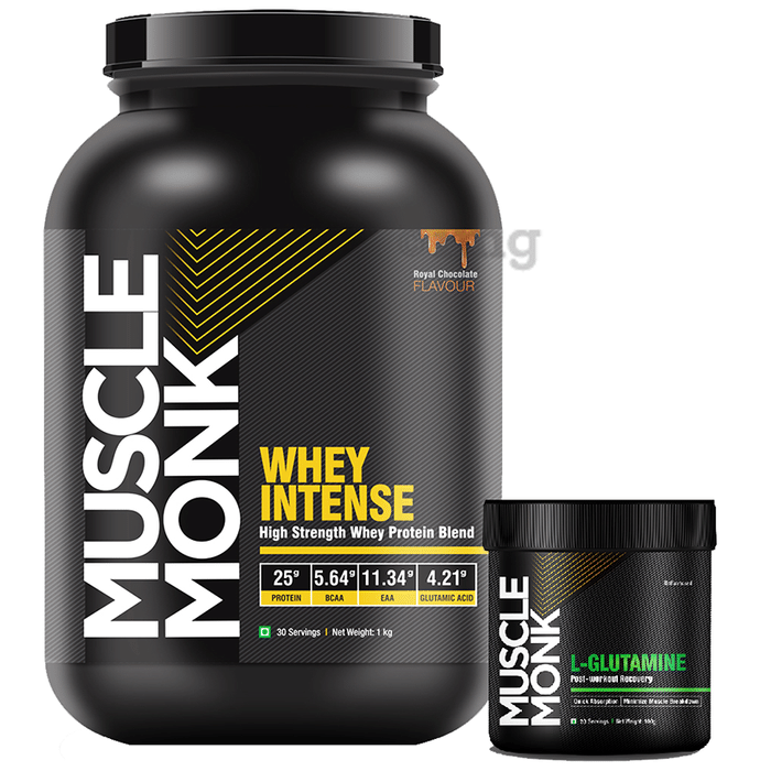 Muscle Monk Combo Pack of Whey Intense High Strength Whey Protein Blend 1kg & L-Glutamine 100gm Royal Chocolate & Unflavoured