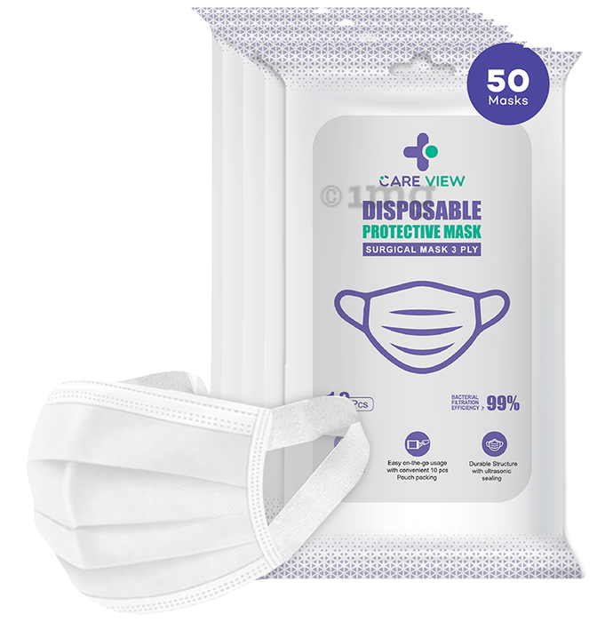 Care View 3 Ply Premium Disposable Protective Surgical Face Mask with Ear Loops White