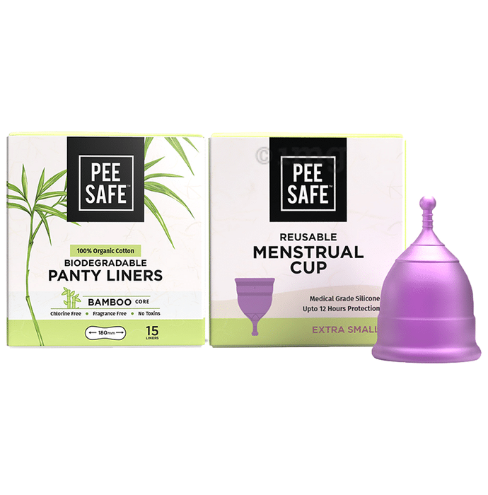 Pee Safe Combo Pack of 100% Organic Cotton Biodegradable Panty Liner & Reusable Menstrual Cup Purple Small