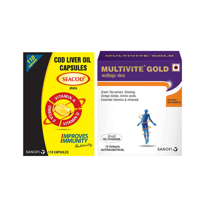 Combo Pack of Seacod Cod Liver Oil Capsule (110) & Multivite Gold Daily Health Supplement Softgel (15)
