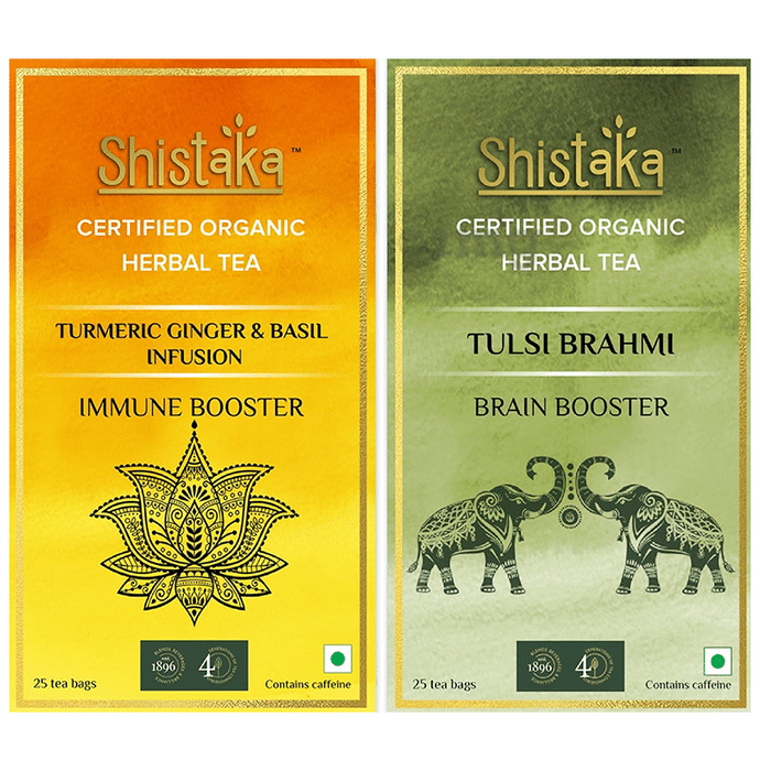 Shistaka Combo Pack of Certified Organic Herbal Tea (1.8gm Each) Turmeric Ginger Basil Infusion & Tulsi Brahmi