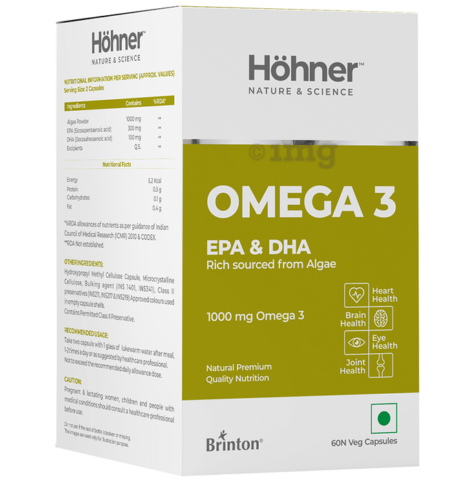 Hohner Omega 3 with EPA & DHA from Algae 1000 mg | Veg Capsule for Brain, Heart, Eye & Joint Health