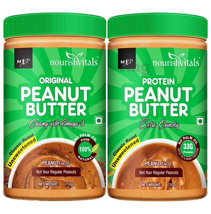 NourishVitals Combo Pack of Original Peanut Butter Creamy with Omega-3 & Protein Peanut Butter Extra Crunchy (750gm Each)