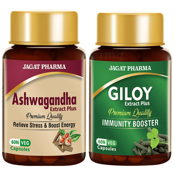 Jagat Pharma Combo Pack of Ashwagandha Extract Plus Veg Capsule & Giloy Extract Plus Veg Capsule (60 Each)