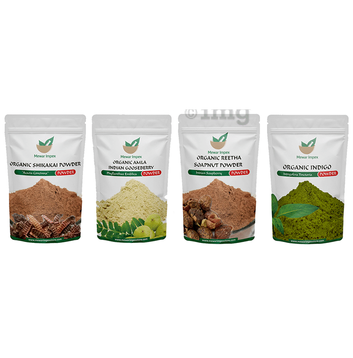 Mewar Impex Combo Pack of Organic Shikakai Powder, Organic Amla Indian Gooseberry Powder, Organic Reetha Soapnut Powder & Organic Indigo Powder (100gm Each)