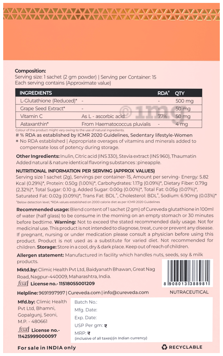 cureveda glutathione Cureveda Gluta-Pur Glutathione 98% Sachet (2gm Each): Buy box of 15.0  Sachets at best price in India