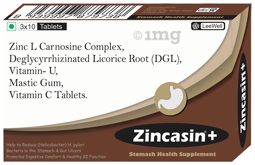 Zincasin Zincasin +Plus Zinc L Carnosine, Mastic Gum, Vitamin U,  Deglycyrrhizinated Licorice DGL Tablet for Gastric Ulcer, IBS & Gut Health:  Buy box of 30.0 tablets at 𝗯𝗲𝘀𝘁 𝗽𝗿𝗶𝗰𝗲 in India