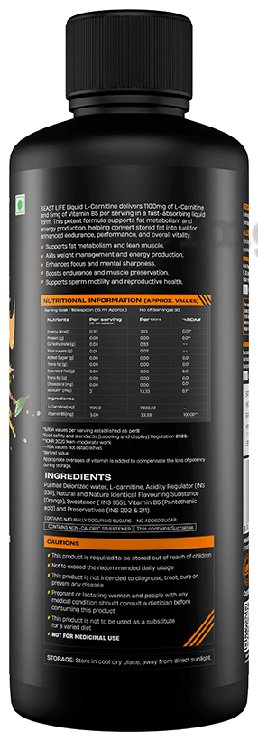 BeastLife Liquid L-Carnitine 1100mg with Vitamin B5 Orange: Buy bottle of  450.0 ml Liquid at best price in India