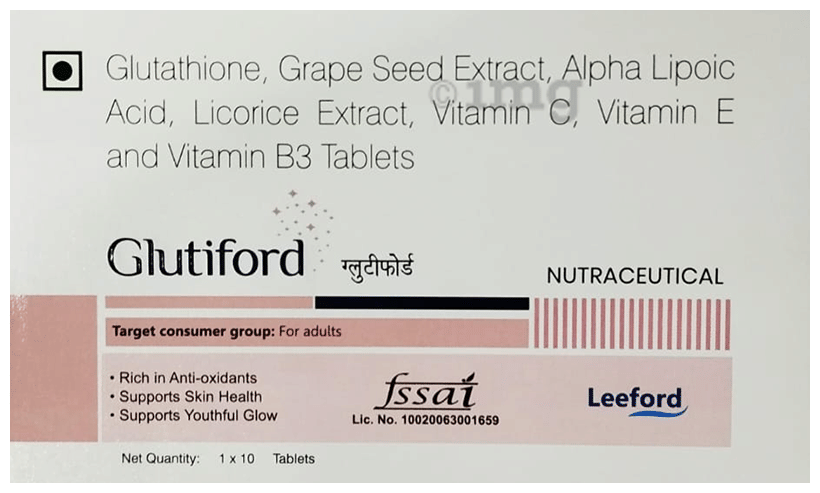 Glutiford Tablet with Glutathione, Vitamins, ALA and Grape Seed Extract For  Skin & Antioxidant Support: Buy strip of 10.0 tablets at 𝗯𝗲𝘀𝘁  𝗽𝗿𝗶𝗰𝗲 in India