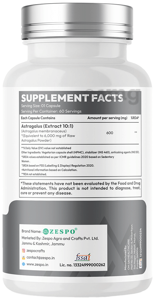Zespo Plant-Based Astragalus Root 600mg Capsule: Buy bottle of