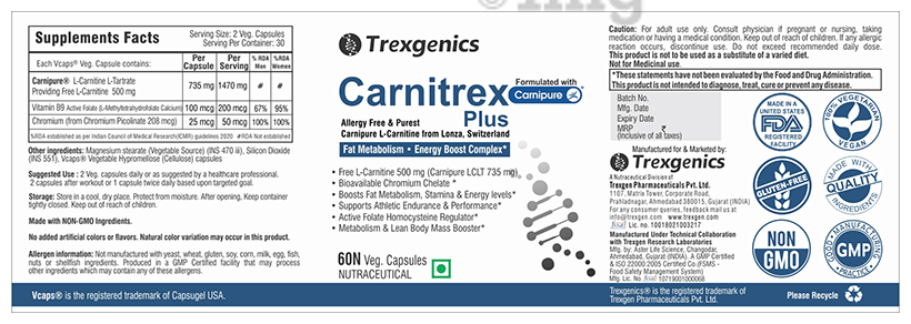 Trexgenics Carnitrex Plus L-Carnitine Carnipure Veg Capsules: Buy bottle of  60.0 vegicaps at best price in India | 1mg